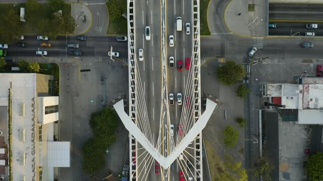 Drone Flies Above Puente Matute Remus Bridge. Guadalajara, Mexico. Cable Stayed.