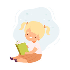 Lovely Blonde Girl Reading Book, Cute Kid Sitting on Floor with Book, Literature Fan, Education and Imagination Concept Cartoon Style Vector Illustration