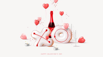 Fototapeta premium Happy Valentine's Day banner. Holiday background with champagne bottle, glasses, balloons, tea candles, realistic XO cookies, confetti. Vector illustration with 3d render object for Valentine's Day.