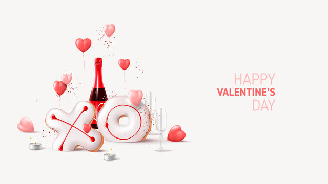 Happy Valentine's Day card. Holiday background with champagne bottle, glasses, balloons, tea candles, realistic XO cookies, confetti. Vector illustration with 3d render object for Valentine's Day.