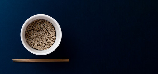 Buckwheat cup noodles or instant noodles.  Year-end food, Japanese food, Japan, simple meal, etc.そばのカップ麺、インスタント麺。年越しそば、和食、日本など