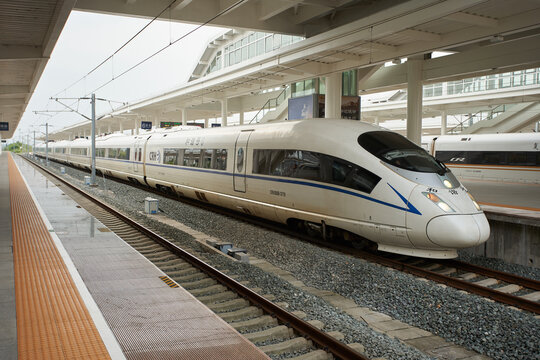 Huangshan, Anhui Province, China - Aug 12, 2019: An 8-car CRH380B electric high-speed train is seen in the Huangshan North Railway Station. It is designed to operate at a cruise speed of 350 km/h.