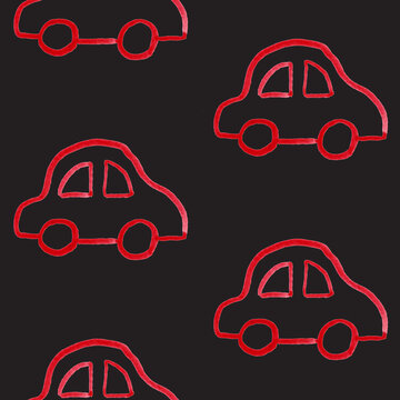Seamless pattern with red cars on black board. Cartoon background for Kids. Perfect for children fabric, textile, nursery wallpaper. Classic car hand drawn pattern. Endless design