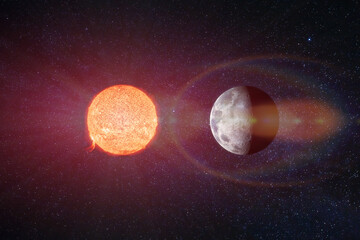 sun and moon in space against the background of the star sky. Astronomy and science concept....
