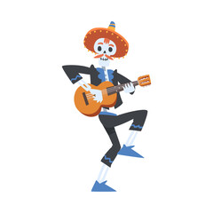 Man Skeleton in Mexican Traditional Costume and Sombrero Hat Playing Guitar and Dancing, Dia de Muertos, Day of the Dead Cartoon Style Vector Illustration