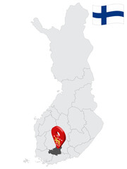 Location Kanta-Hame Region on map Finland. 3d location sign similar to the flag of  Kanta-Hame. Quality map  with regions of  Finland for your design. EPS10.