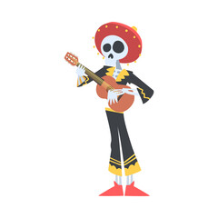 Mexican Musician Skeleton in Traditional Costume and Sombrero Hat Playing Guitar, Day of the Dead Cartoon Style Vector Illustration