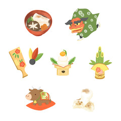 正月素材のセット（色鉛筆風）