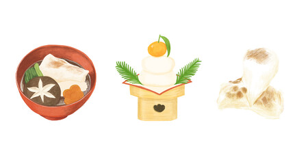 正月素材のセット（色鉛筆風）