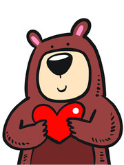 bear is a large, heavy mammal that walks on the soles of its feet, having thick fur and a very short tail. Bears are related to the dog family .