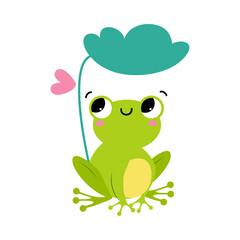Funny Green Frog with Protruding Eyes Sitting Under Leaf Vector Illustration