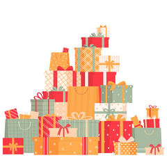 Collection of gift boxes isolated on white background. Big pile of surprises. Mountain of gifts.Vector illustration in cartoon style.