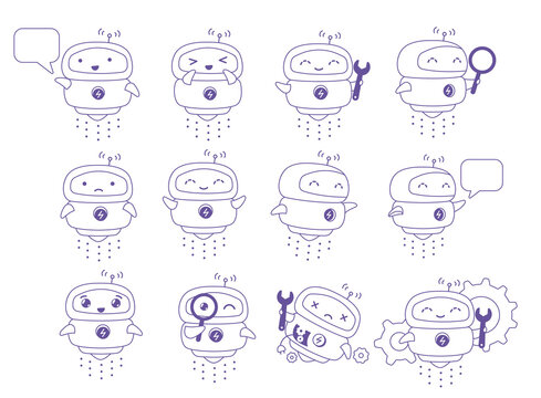 Little flying Robot mascot character set. Support service-center. Chat bot. For all tasks. Thin contour line style. Cartoon vector.