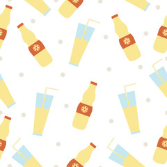 Seamless pattern with hand drawn glass cup and bottle of lemonade on a white background. Kitchen utensils and utensils. Doodle, simple illustration. It can be used for decoration of textile, paper.
