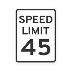 Speed limit 45 road traffic icon sign flat style design vector illustration isolated on white background. Vertical standard road sign with text and number 45.