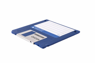 The front of an blue floppy disk, isolated on a white background