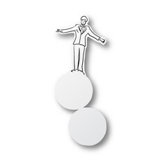 Vector illustration black line hand drawn of businessman standing on two circles on cut paper with shadow isolated on white background. Paper art. Business life balance concept.