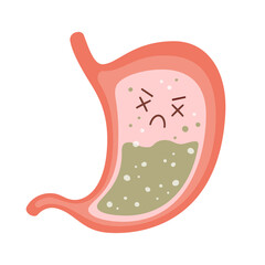 Human stomach. Nausea, vomiting, heartburn, gastritis and acid reflux and stomach pain problems. Vector flat cartoon illustration on white background