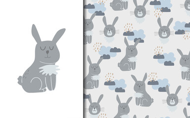 Set of vector seamless backgrounds and illustrations with hare. Vector baby illustrations in cartoon hand drawn style for printing on clothes, interior design, packaging, printing.