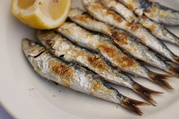 Malaga spits with lemon slice in macro scale. Sardines