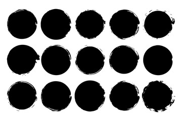 Circle paint grunge splash. Vector round black stain set. Rough ink retro stamp clipart isolated on white