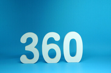 360 ( three hundred sixty ) Isolated Blue Background with Copy Space - Number 360% Percentage or Promotion - Discount or anniversary concept - Angle Degree