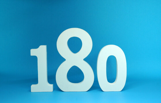 180 ( one hundred eighty ) Isolated Blue Background with Copy Space - Number 180% Percentage or Promotion - Discount or anniversary concept - Angle Degree
