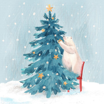 Beautiful christmas stock illustration with hand drawn watercolor cute polar bear and fir tree.
