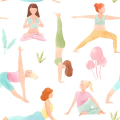 Beautiful vector seamless pattern with watercolor cute yoga girls. Stock illustration.
