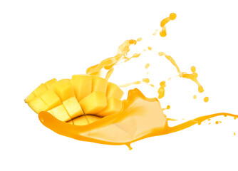 Sweet ripe mango and splash of juice on white background