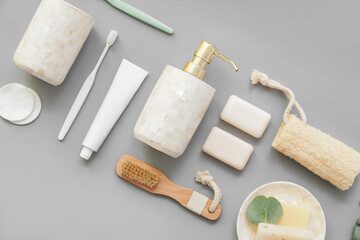 Set of bath accessories on light background