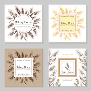 Bakery, pastry shop label, logo, flyer template or identity with wheat ears frame. bakeshop backgrounds set. hand drawn sketch illustration. banner collection for bakehouse, bread packaging design.