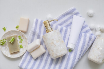 Set of bath accessories on white background