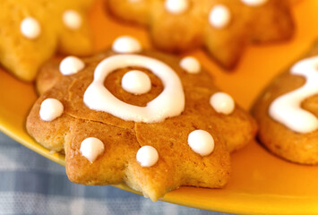 Closeup gingerbread cookies for christmas holiday. Holiday concept