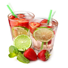 Glasses of tasty strawberry mojito on white background