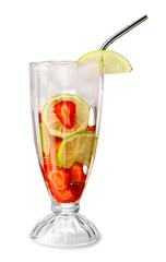 Glass of tasty strawberry mojito on white background