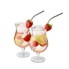 Glasses of fresh strawberry mojito on white background