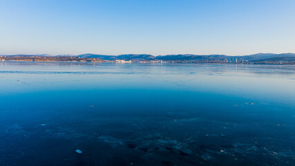 The sea in the background of the mountains near vladivostok photographed on a drone