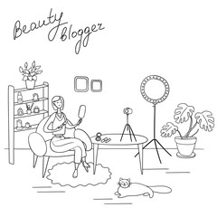 Beauty blogger. Young woman records video. Makeup artist reviews cosmetics on her blog. Hand drawn vector illustration in cartoon style