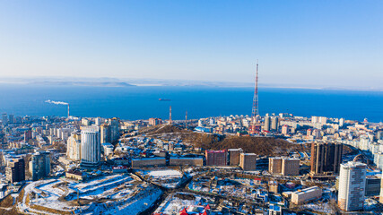 Winter view of vladivostok photographed on a drone