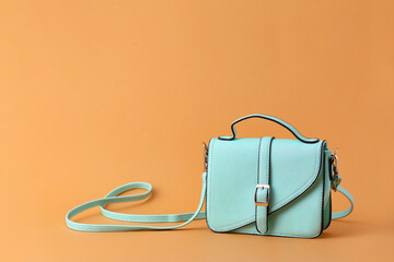 Stylish bag on color background