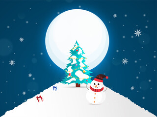 Decorative Xmas Tree With Cartoon Snowman And Gift Boxes On Full Moon Snowy Background.