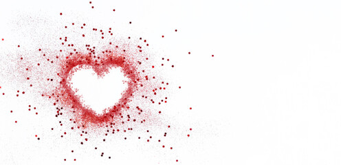 Red confetti glitter in shape of heart on white festive background, copy space, valentines day holiday festive card