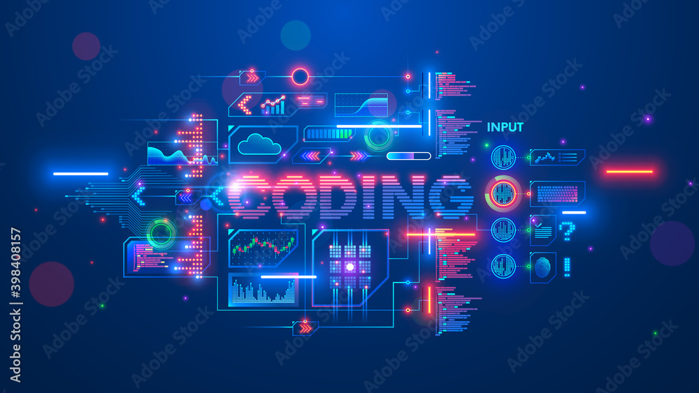 Fototapete Banner about Programming or coding course neural network and artificial intelligence or AI online on computer languages. Software develop technology learning. Creation code process on distance lesson.