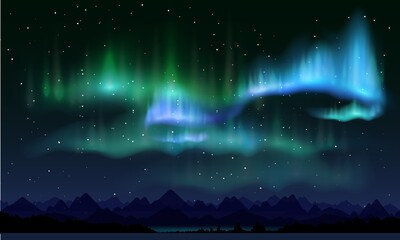 Realistic northern lights, vector illustration. Night sky and amazing polar lights, mountain landscape. Aurora borealis poster, banner template. - obrazy, fototapety, plakaty