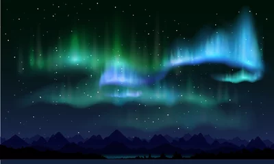 Fotobehang Realistic northern lights, vector illustration. Night sky and amazing polar lights, mountain landscape. Aurora borealis poster, banner template. © Siberian Art
