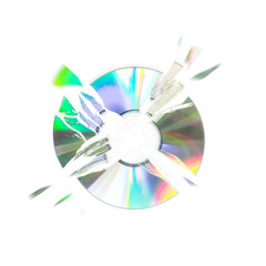 The CD shatters into pieces. Close up. Isolated on a white background - obrazy, fototapety, plakaty