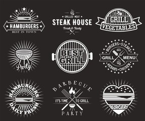 White bbq grill logo, label, badge, emblem set, vector illustration. Barbecue party, steak house vintage logos. Fresh and tasty hamburgers, steaks, kebabs, chicken. Grilled meat and vegetables.
