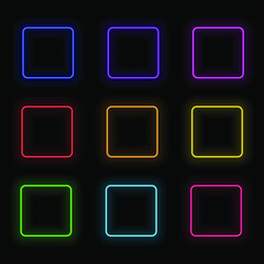 Vector Set of Neon Square Frames, Colorful Illustration, Blank Frames Isolated on Black Background, Different Colors, Shining Lines.
