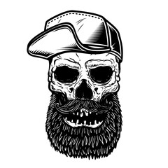 Illustration of bearded skull in baseball cap. Design element for logo, label, sign, poster. Vector illustration